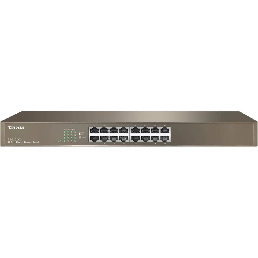 سويتش Tenda TEG1016G – 16 منفذ جيجابت غير مُدار، تصميم معدني بدون مروحة، Plug & Play