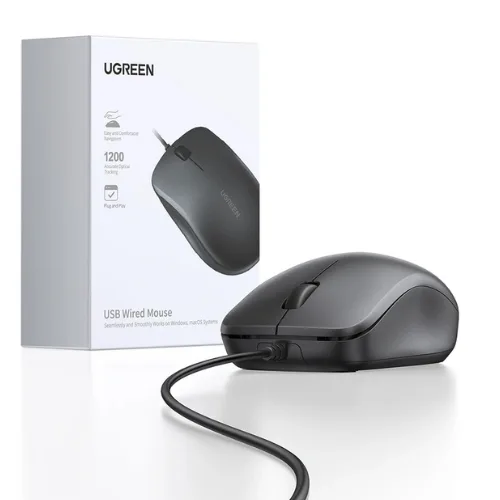 ماوس سلكي محمول USB يوجرين UGREEN MU007 بكابل بطول 1.5 متر ومفاتيح جانبية موديل 90789 (أسود)