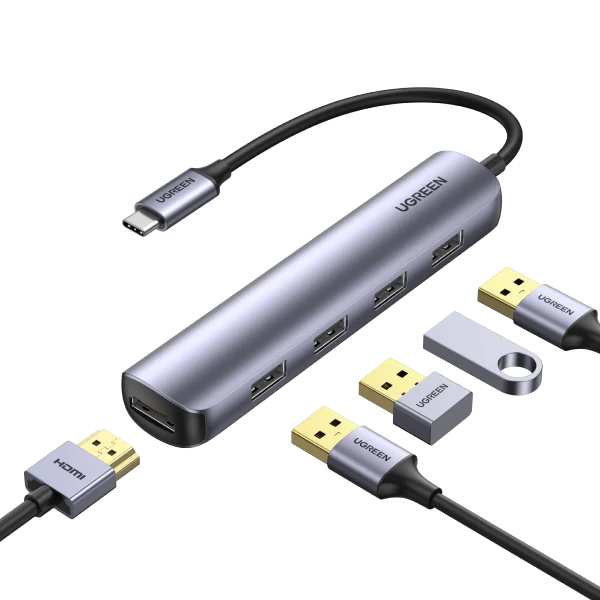 محول وموزع يو إس بي سي ألمنيوم يوجرين UGREEN CM417 يضم منفذ HDMI و4 منافذ USB 3.0 بسرعة 5Gbps مع شحن PD موديل 20197