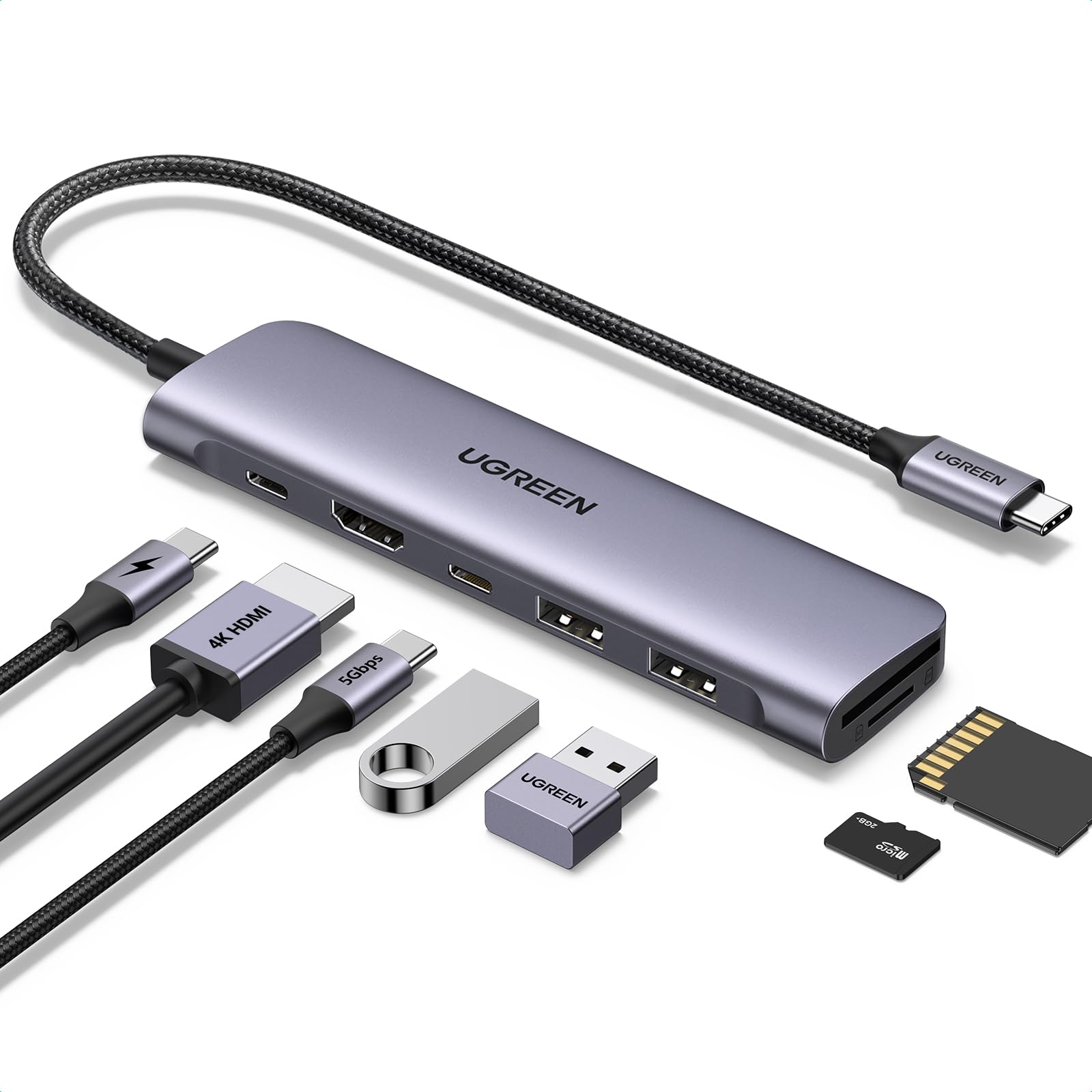 محول وموزع يو إس بي سي متعدد الوظائف يوجرين UGREEN CM129 يضم HDMI 4K@60Hz ومنفذي USB 3.0 ومنفذ USB-C وقارئ ذاكرة SD/TF مع شحن PD موديل 15214
