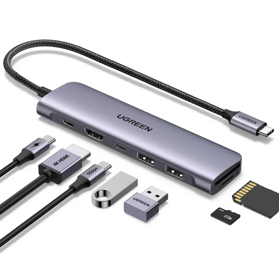 محول وموزع يو إس بي سي متعدد الوظائف يوجرين UGREEN CM129 يضم HDMI 4K@60Hz ومنفذي USB 3.0 ومنفذ USB-C وقارئ ذاكرة SD/TF مع شحن PD موديل 15214