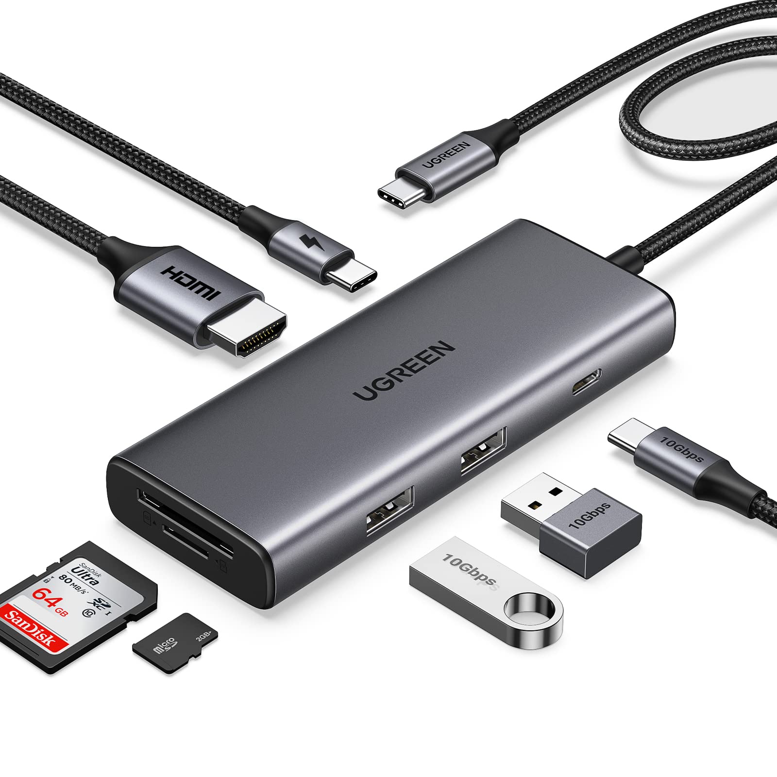 محول وموزع يو إس بي سي يوجرين UGREEN CM408 يضم منفذ HDMI ومنافذ USB 3.2 وقارئ بطاقات SD/TF مع شحن PD موديل 15531