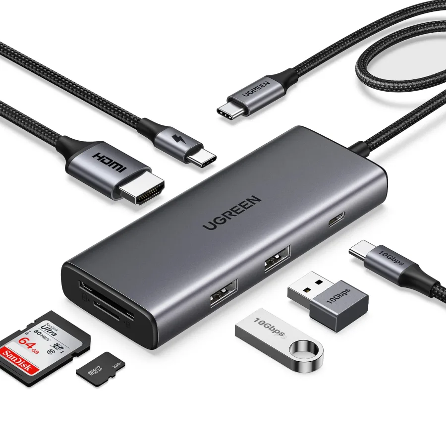 محول وموزع يو إس بي سي يوجرين UGREEN CM408 يضم منفذ HDMI ومنافذ USB 3.2 وقارئ بطاقات SD/TF مع شحن PD موديل 15531