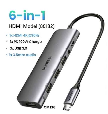 محول وموزع يو إس بي سي ألمنيوم يوجرين UGREEN CM198 يضم HDMI و3 منافذ USB 3.0 ومنفذ صوت AUX 3.5mm مع شحن PD موديل 80132