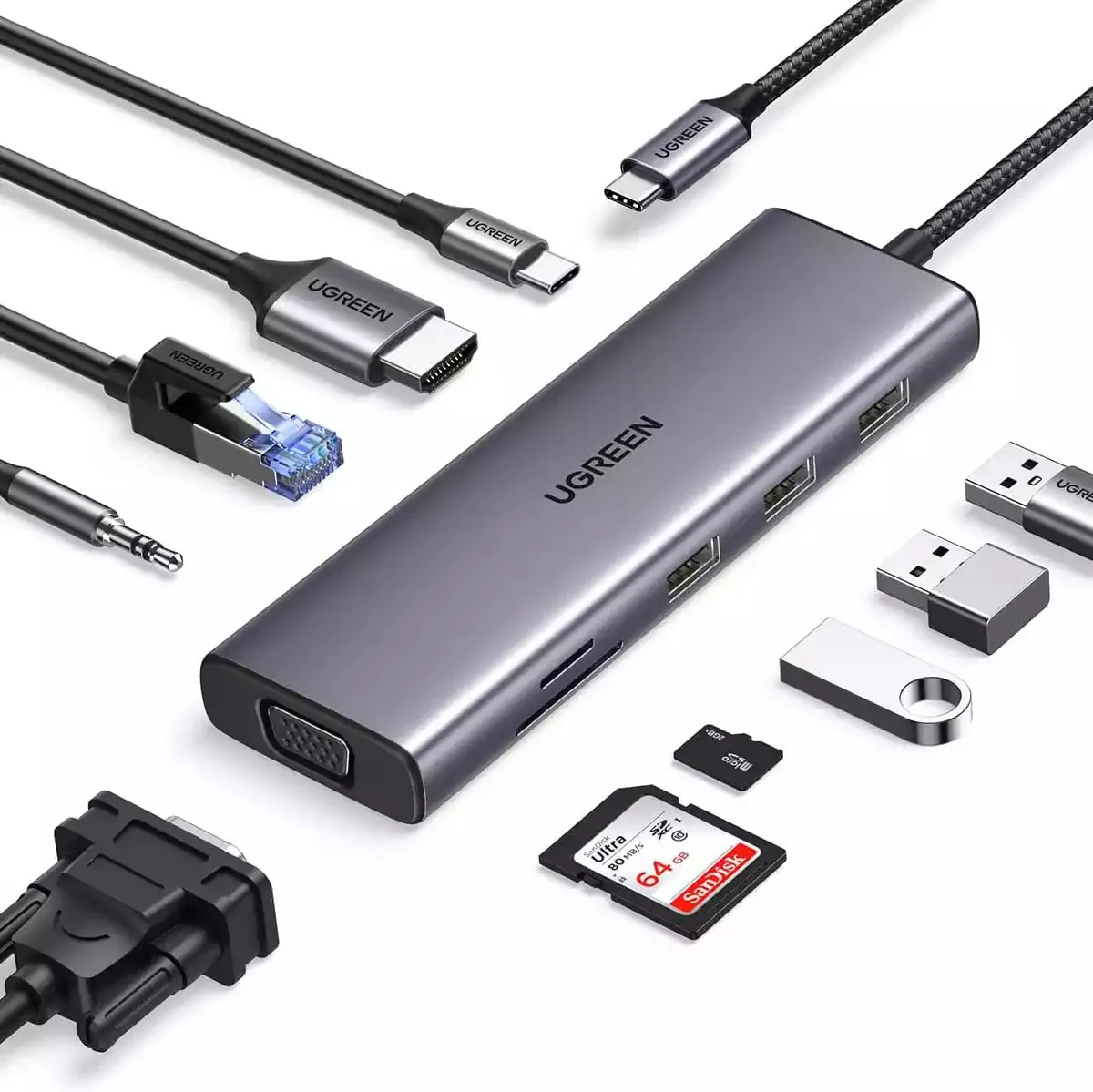 محطة توصيل يو إس بي سي احترافية يوجرين UGREEN CM408 تضم HDMI بمعدل 120Hz/60Hz و VGA وشبكة RJ45 وقارئ بطاقات ومنفذ صوت 3.5mm وشحن PD موديل 15601