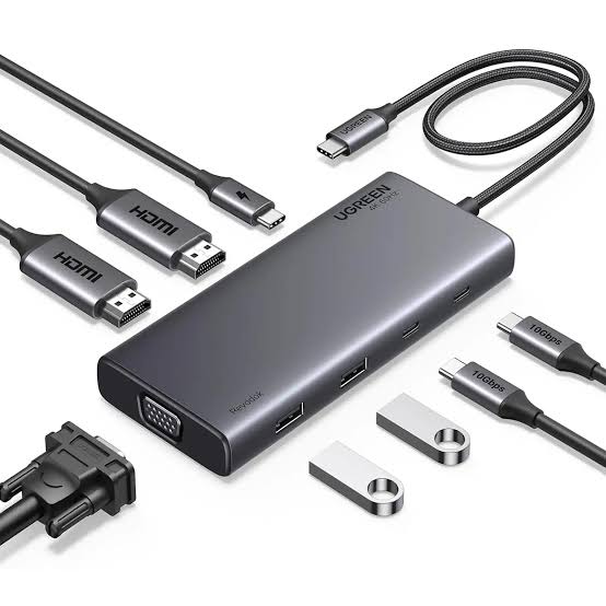 محول وموزع يو إس بي سي 8 في 1 يوجرين UGREEN CM859 يضم منفذي HDMI ومخرج VGA ومنافذ USB 3.2 فئة A و C مع شحن PD موديل 55588