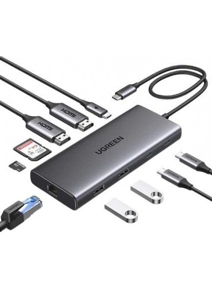 محطة توصيل وموزع يو إس بي سي 10 في 1 يوجرين UGREEN CM859 يضم منفذي HDMI مزدوجين ومنافذ USB 3.2 وشبكة RJ45 جيجابت مع قارئ بطاقات وشحن PD موديل 45380