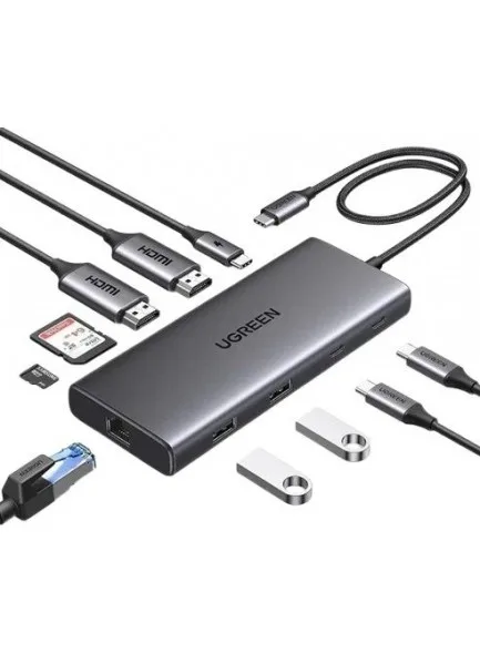 محطة توصيل وموزع يو إس بي سي 10 في 1 يوجرين UGREEN CM859 يضم منفذي HDMI مزدوجين ومنافذ USB 3.2 وشبكة RJ45 جيجابت مع قارئ بطاقات وشحن PD موديل 45380