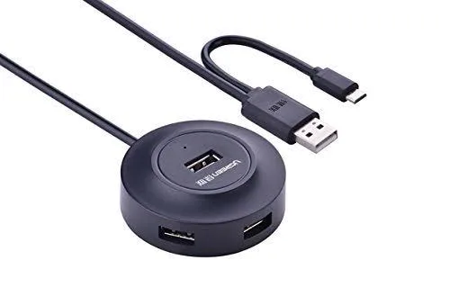موزع يو إس بي UGREEN USB 2.0 يضم 4 منافذ مع منفذ طاقة Micro USB وكابل بطول 1 متر موديل 20277 (أسود)