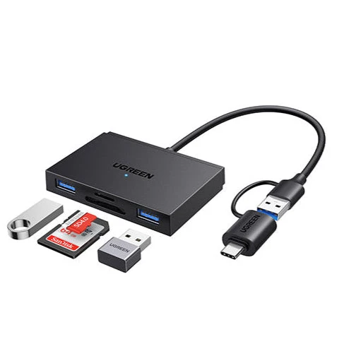 قارئ بطاقات ذاكرة 4 في 1 بمنفذ مزدوج يو إس بي سي و USB-A يوجرين UGREEN موديل 45167 (أسود)