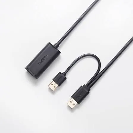 كابل تمديد يو إس بي نشط يوجرين UGREEN USB 2.0 بطول 5 أمتار مع شريحة تكرير وكابل إمداد طاقة موديل 20213 (أسود)