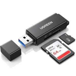 قارئ بطاقات ذاكرة يو إس بي 3.0 مزدوج SD و MicroSD يوجرين UGREEN مع غطاء حماية موديل 40752 (أسود)