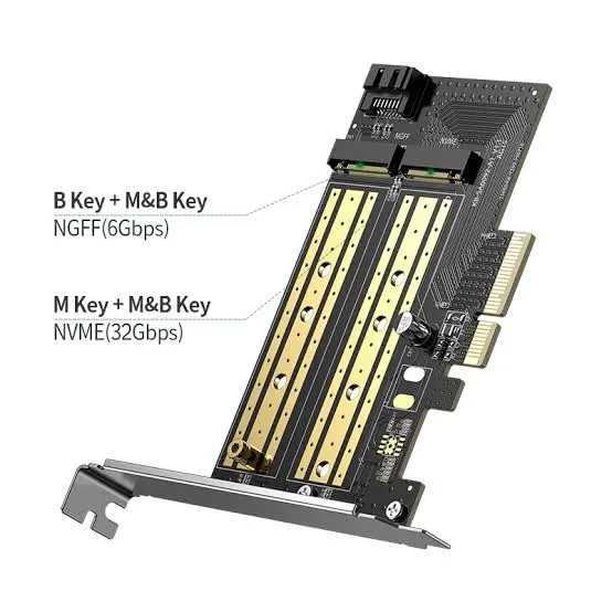 كارت توسعة مزدوج يوجرين UGREEN M.2 M-Key (NVMe) و M.2 B-Key (SATA) إلى PCIe 3.0 x4 بسرعة 32Gbps موديل 70504