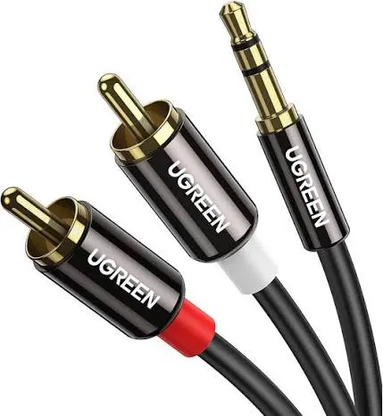 كابل صوت ستيريو يوجرين UGREEN بمقبس 3.5 مم ذكر إلى 2RCA ذكر بهيكل معدني رمادي (متوفر بعدة خيارات أطوال من 1 متر إلى 10 أمتار)