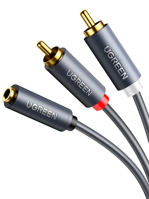 كابل ومحول صوت يوجرين UGREEN بمقبس 3.5 مم أنثى إلى منفذين 2RCA ذكر بهيكل رمادي (متوفر بطول 0.25م و 1م)
