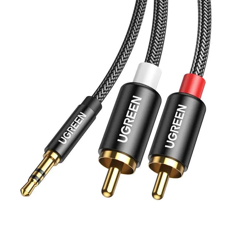 كابل صوت ستيريو يوجرين UGREEN بمقبس 3.5 مم ذكر إلى 2RCA ذكر بهيكل أسود كلاسيكي ومقابس مطلية بالذهب (متوفر بعدة خيارات أطوال من 0.5م إلى 5 أمتار)