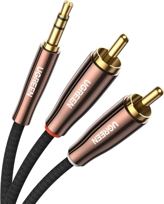 كابل صوت ستيريو فاخر يوجرين UGREEN بمقبس 3.5 مم إلى 2RCA بهيكل نحاسي وسلك مضفر (متوفر بعدة خيارات أطوال 1م، 2م، 3م)